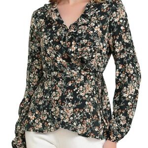 Allegra K Women's Floral Print Tie Waist Blouse Ruffle Neck XL